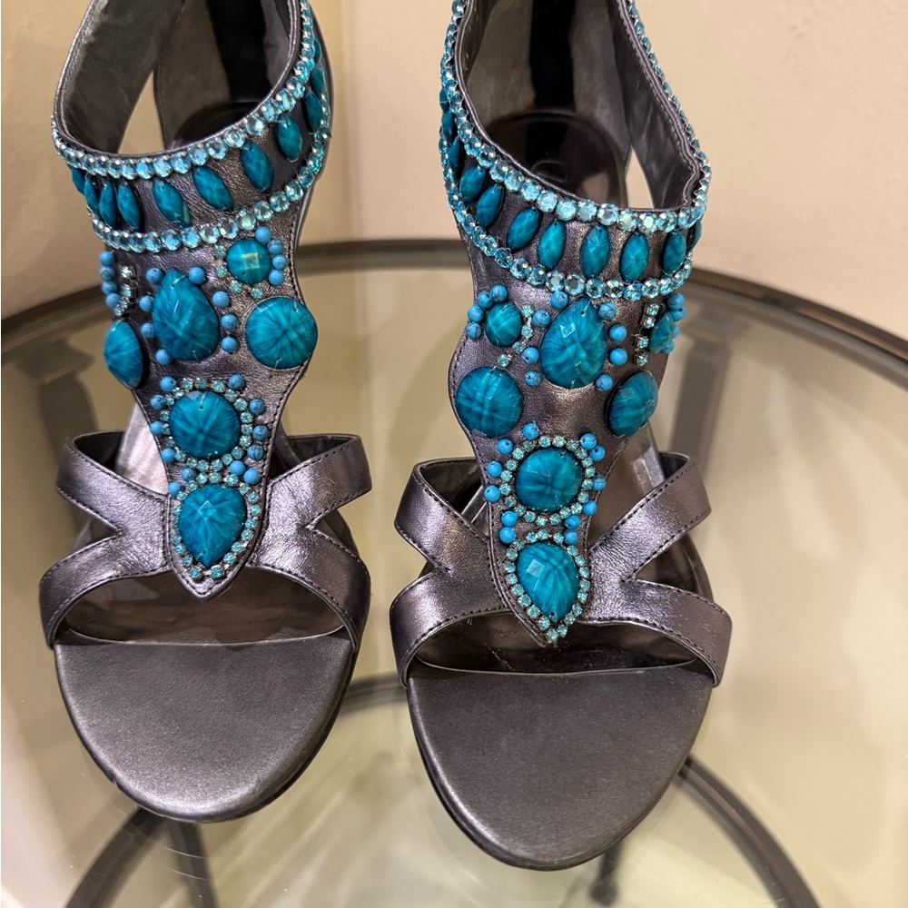 Carlos Santana Silver Heels with Turquoise Embellishments
